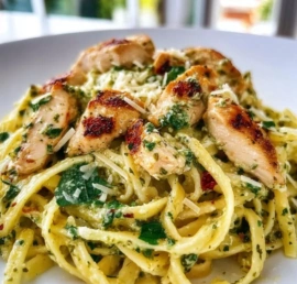 Light pesto pasta with chicken garnished with fresh basil.