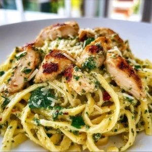 Light pesto pasta with chicken garnished with fresh basil.