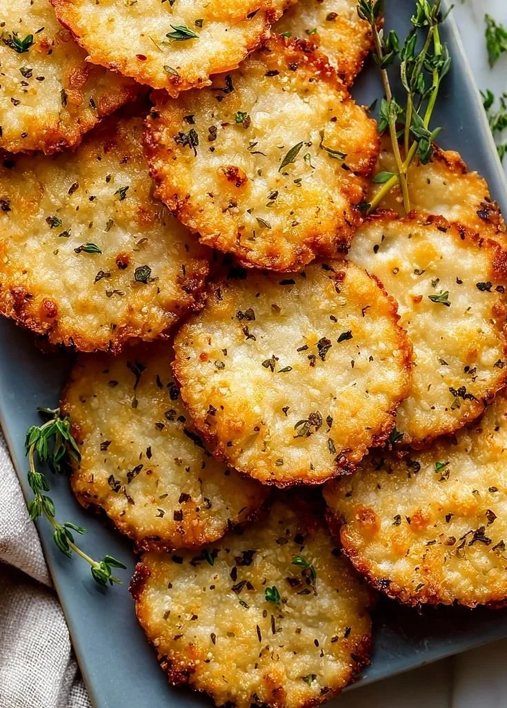 Low-carb oven baked cottage cheese crackers on a plate