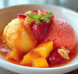Delicious homemade mango strawberry sorbet in a bowl with fresh fruits