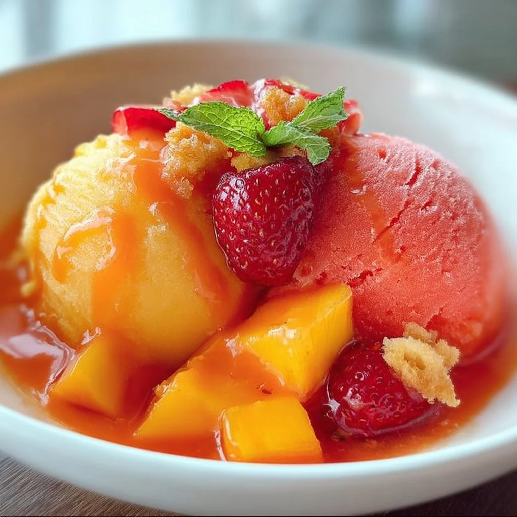 Delicious homemade mango strawberry sorbet in a bowl with fresh fruits
