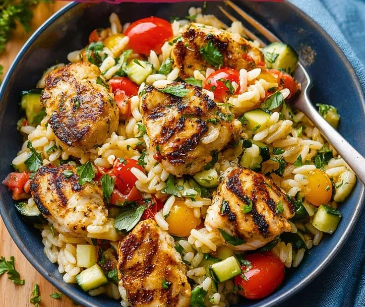 Mediterranean Chicken and Rice Bowl topped with fresh herbs and vegetables