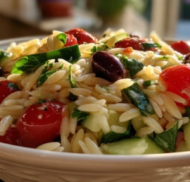 Fresh orzo salad with feta, olives, cucumber, tomatoes, and a bright lemon dressing