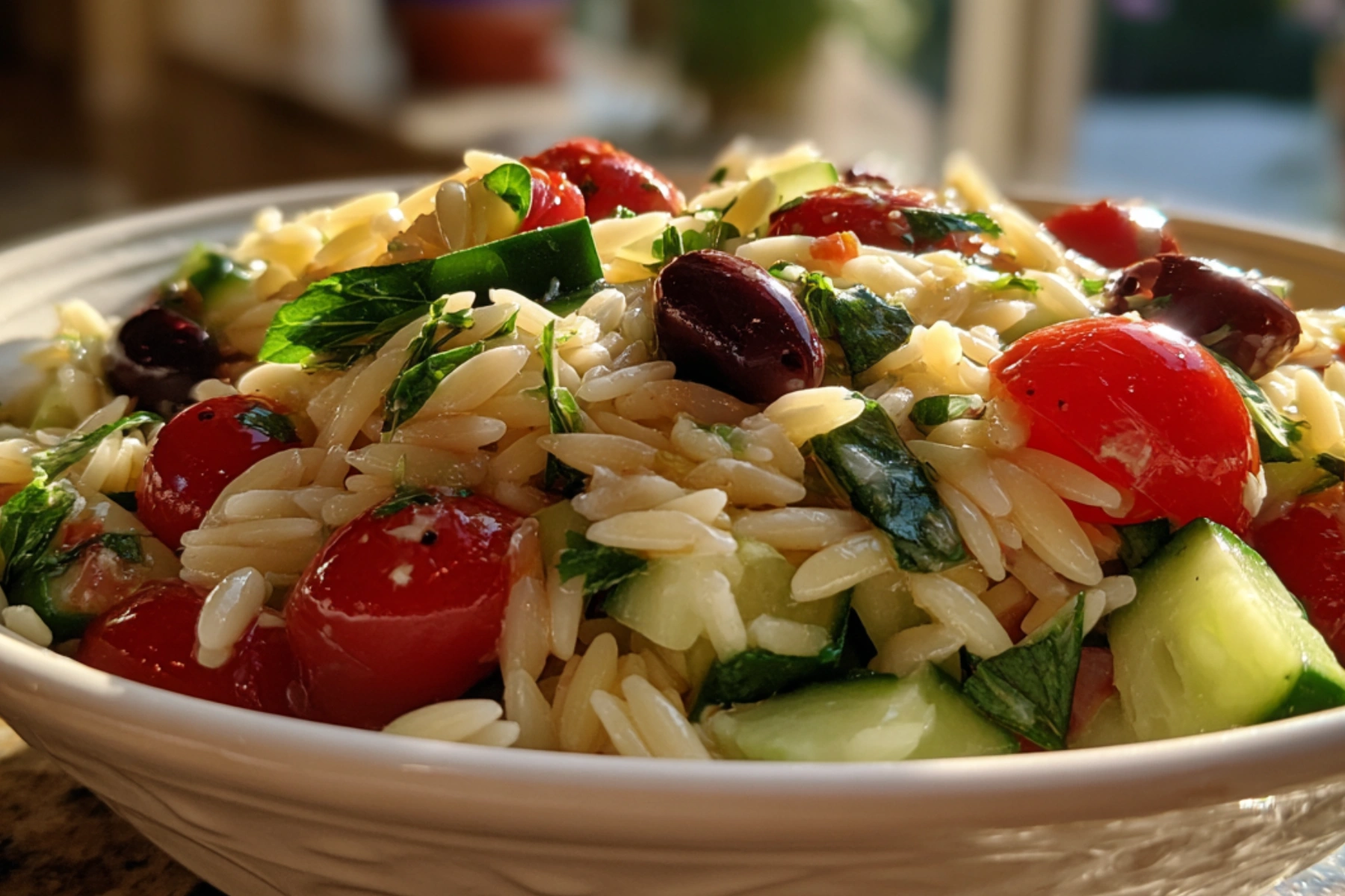 Fresh orzo salad with feta, olives, cucumber, tomatoes, and a bright lemon dressing