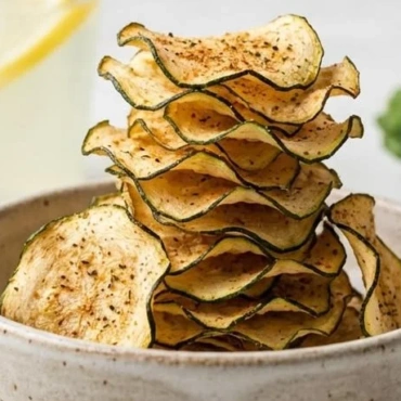 Bowl of crispy oven-baked zucchini chips ready to be served as a healthy snack.