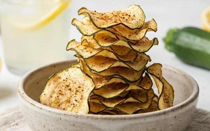 Bowl of crispy oven-baked zucchini chips ready to be served as a healthy snack.
