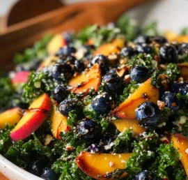 Fresh Peach Blueberry Kale Salad with vibrant colors and healthy ingredients