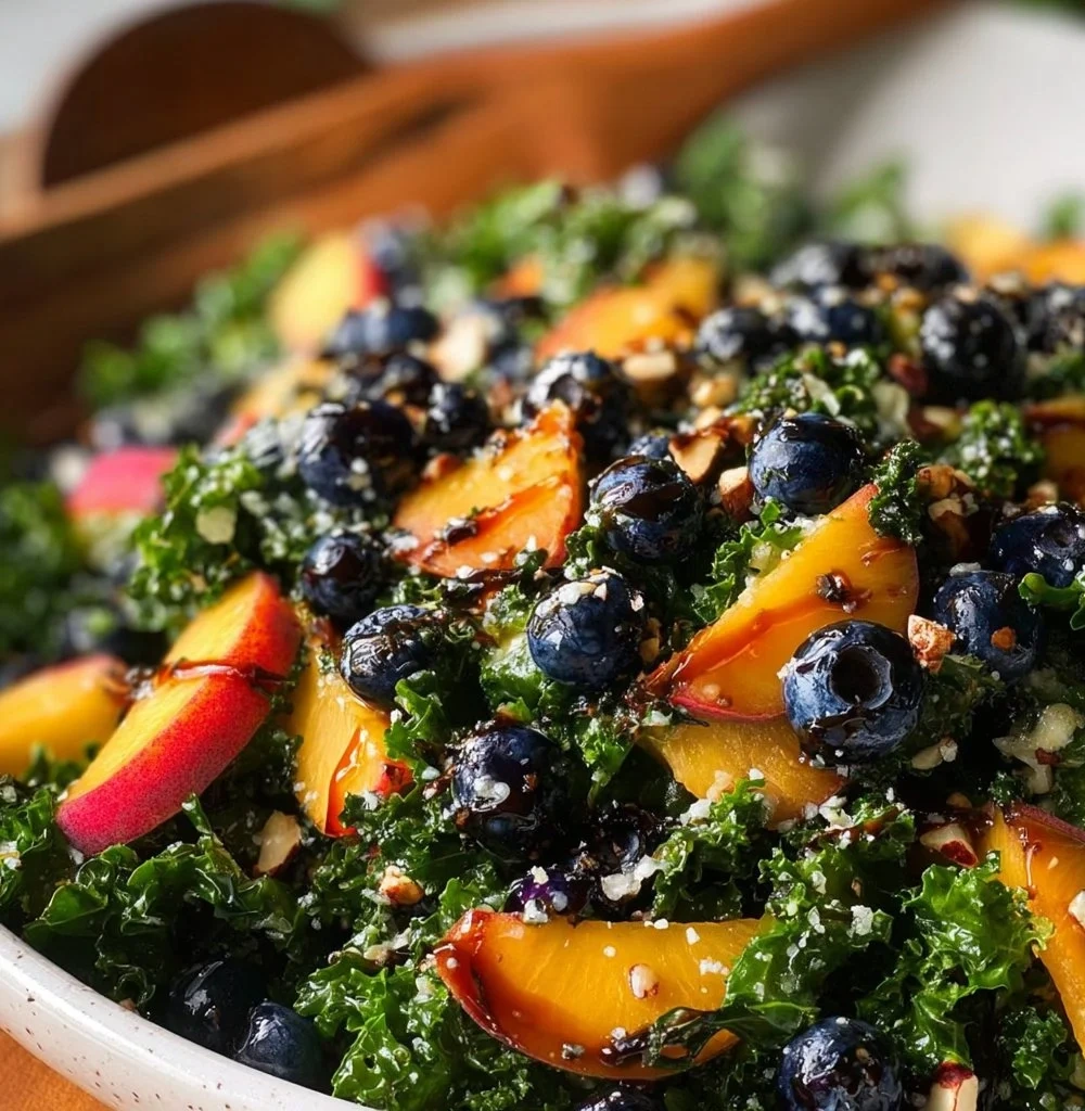 Fresh Peach Blueberry Kale Salad with vibrant colors and healthy ingredients