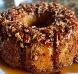 Pecan upside down bundt cake beautifully presented on a cake stand.
