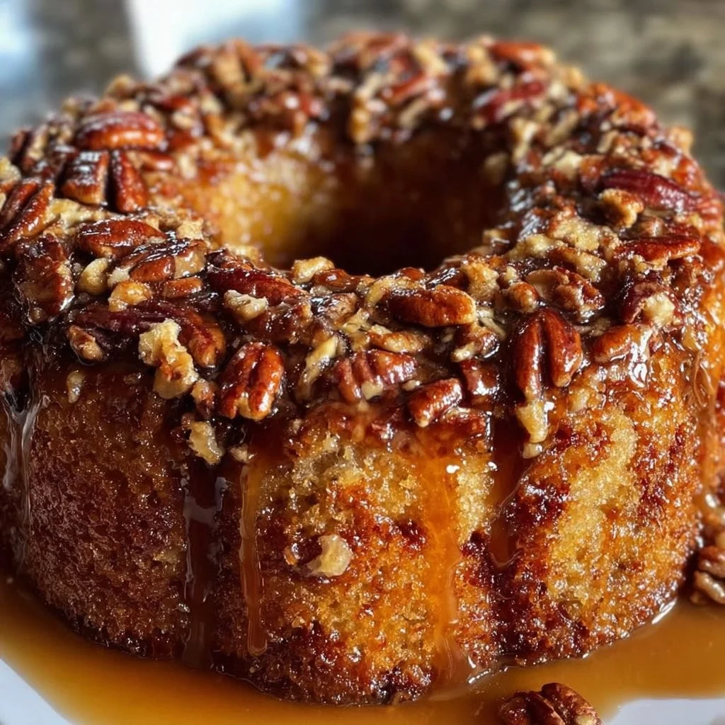 Pecan upside down bundt cake beautifully presented on a cake stand.