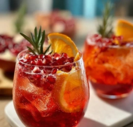 A refreshing Pomegranate Aperol Spritz cocktail garnished with fresh pomegranate seeds.