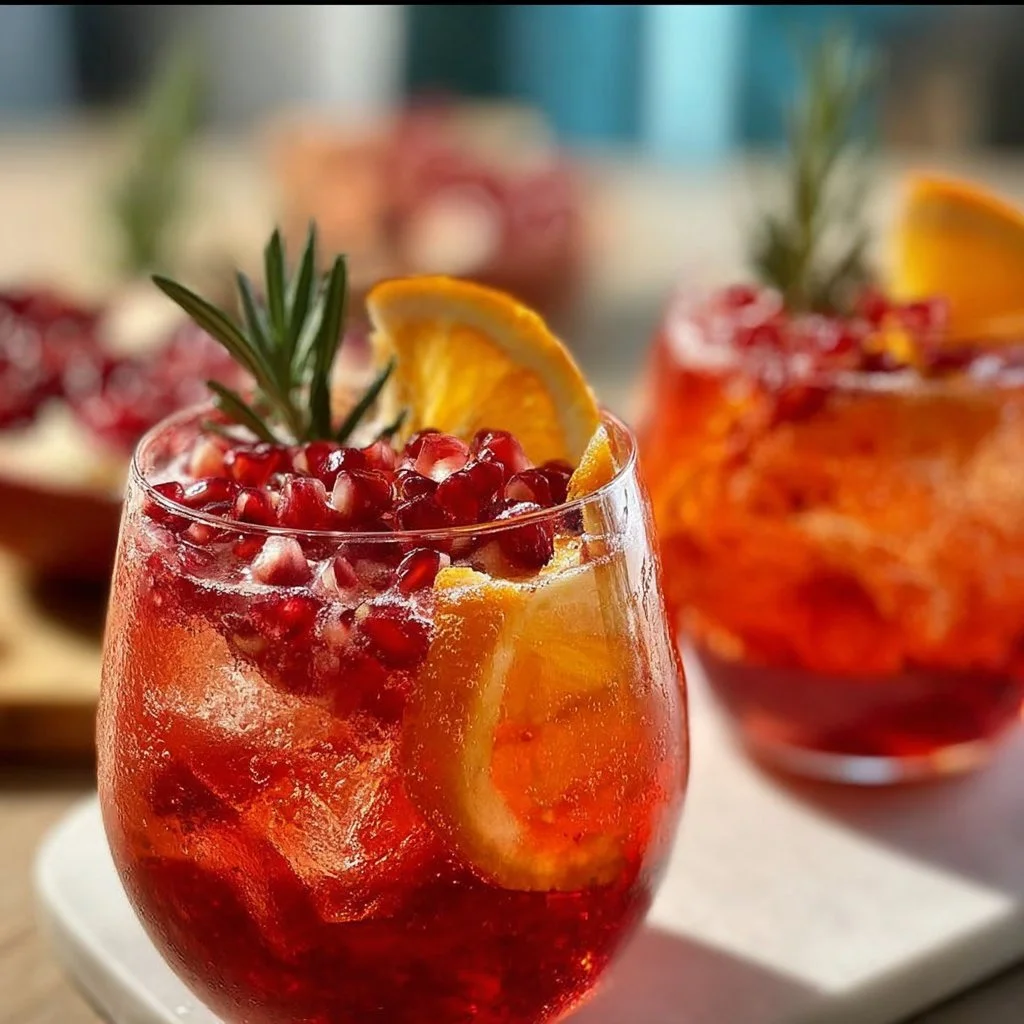 A refreshing Pomegranate Aperol Spritz cocktail garnished with fresh pomegranate seeds.