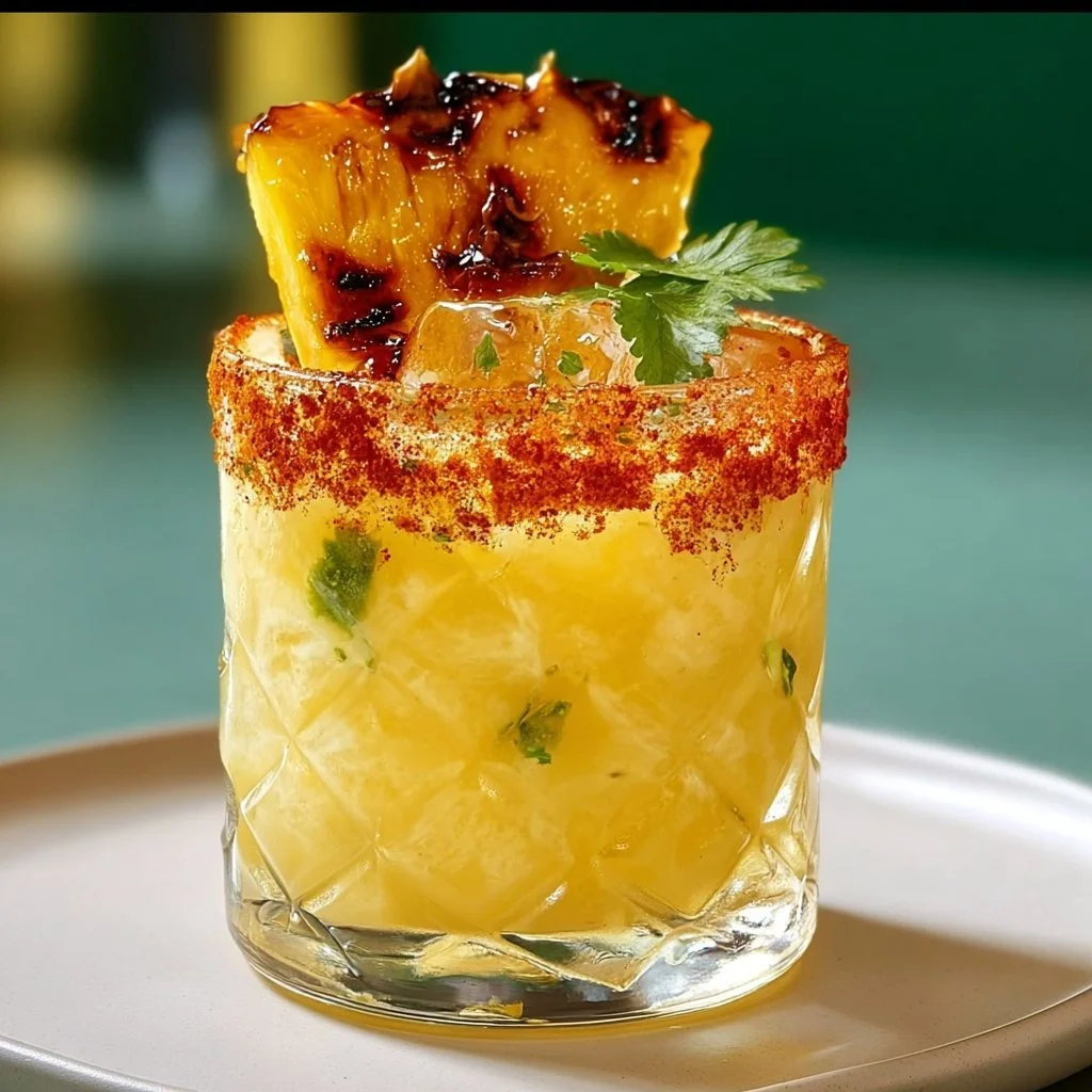 Delicious Roasted Pineapple Margarita in a glass with garnishes
