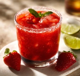 Roasted Strawberry Margarita served in a glass with fresh strawberries