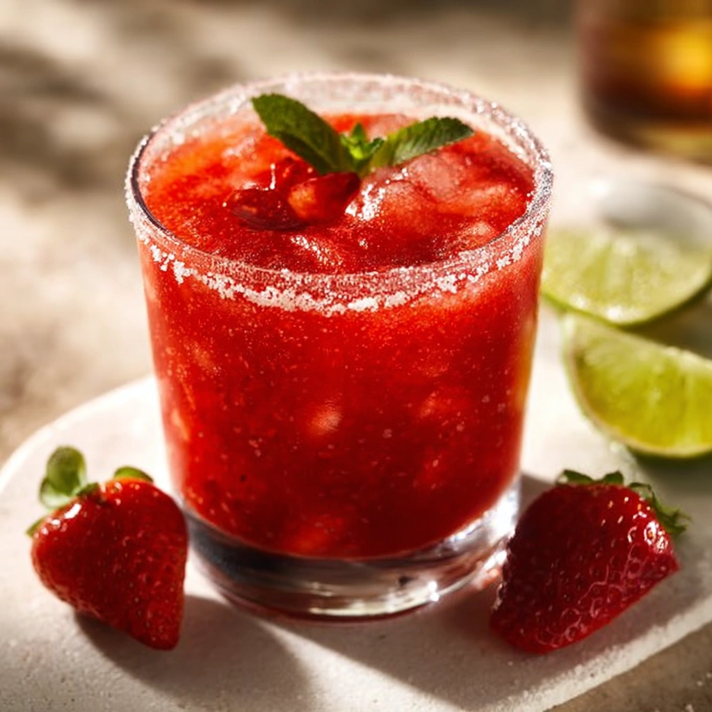 Roasted Strawberry Margarita served in a glass with fresh strawberries