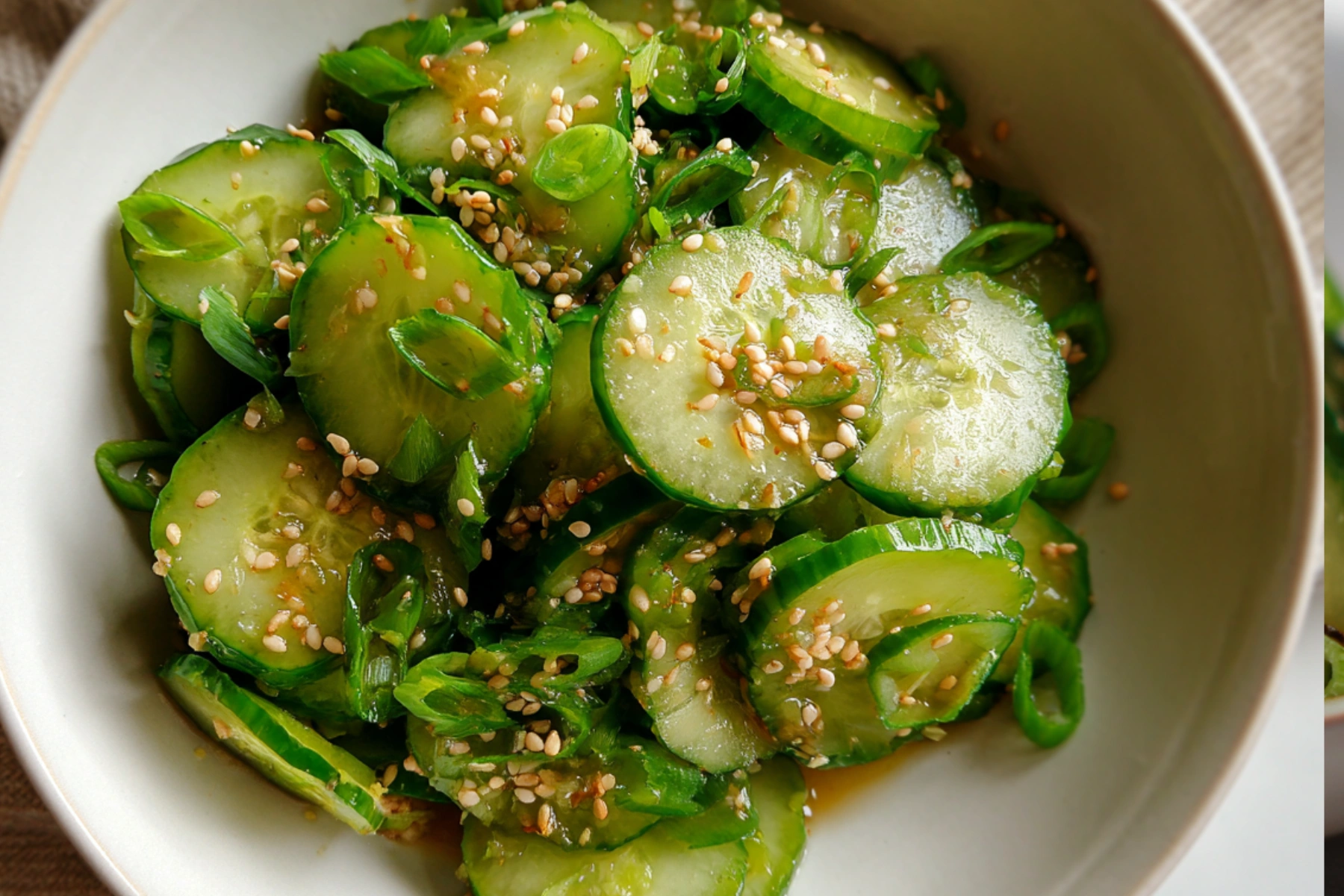 Sesame cucumber salad with thin cucumber slices green onions and sesame seeds in a bowl