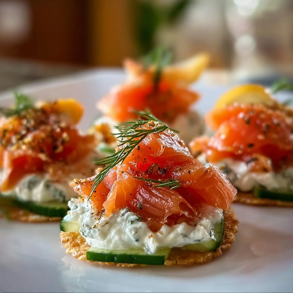 Smoked salmon appetizer with whipped horseradish cream on a serving plate.