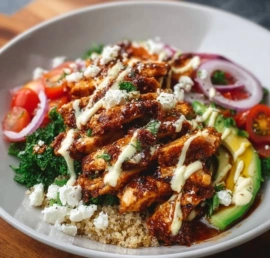 Smoky Chicken Protein Bowls garnished with fresh vegetables