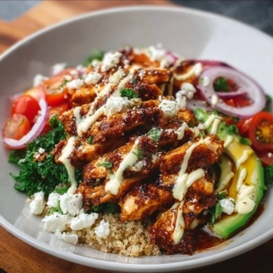 Smoky Chicken Protein Bowls garnished with fresh vegetables