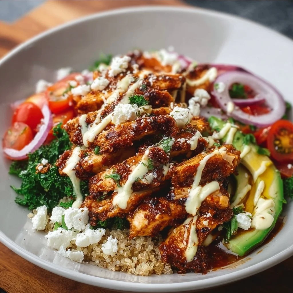 Smoky Chicken Protein Bowls garnished with fresh vegetables