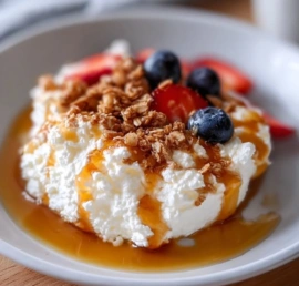 A bowl of smooth cottage cheese topped with fruit and nuts