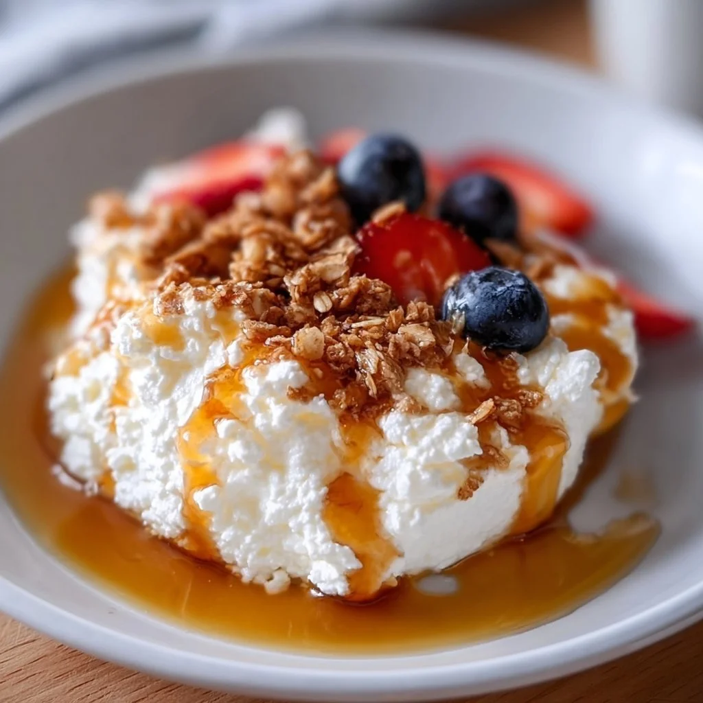 A bowl of smooth cottage cheese topped with fruit and nuts