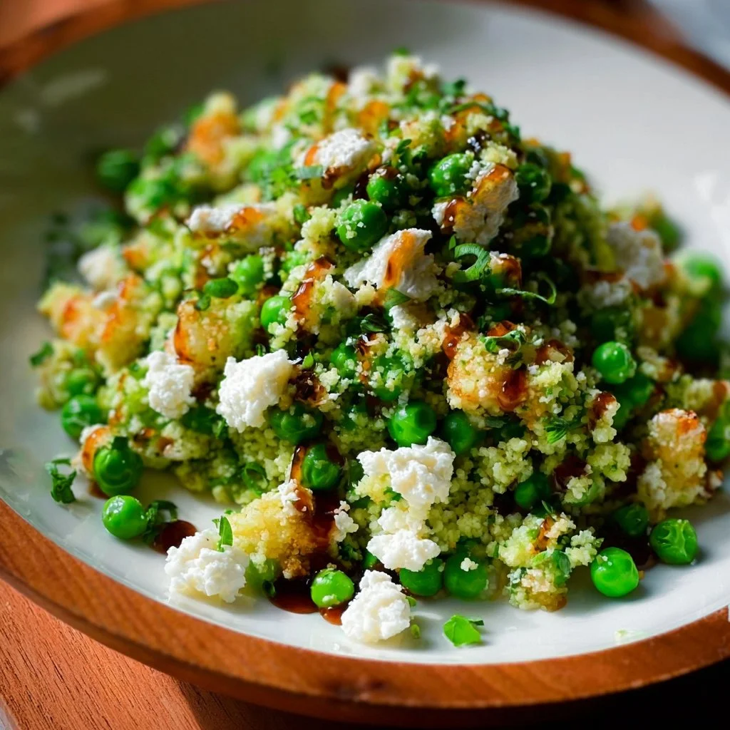 Colorful Spring Pea Feta Couscous Salad with fresh vegetables and feta cheese.