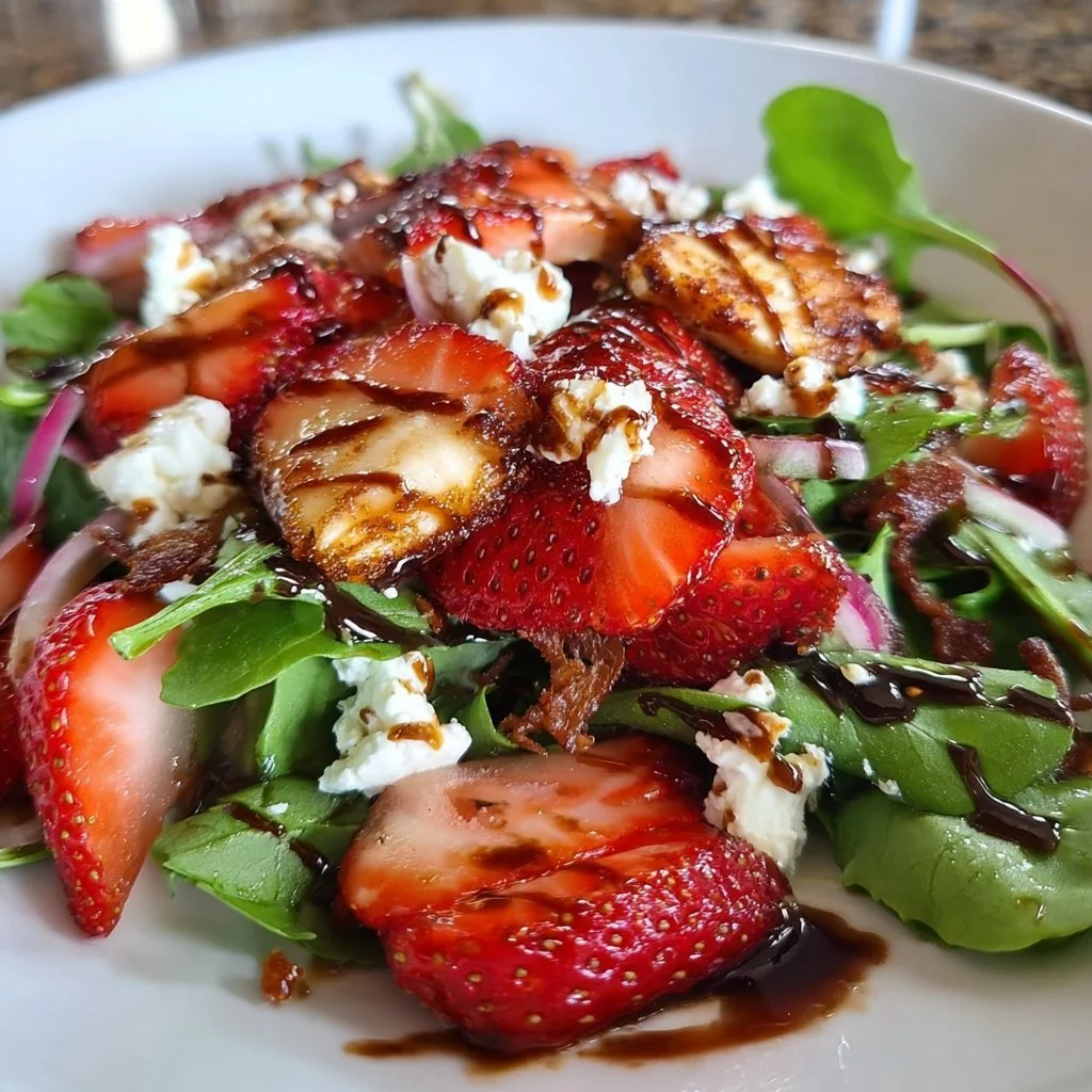 Fresh strawberry feta salad with mixed greens and walnuts on a plate