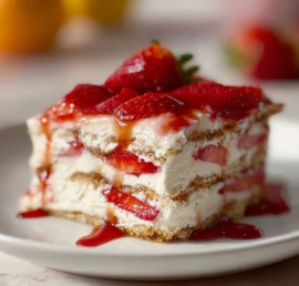 Delicious Strawberry Greek Yogurt Icebox Cake served on a plate with fresh strawberries.