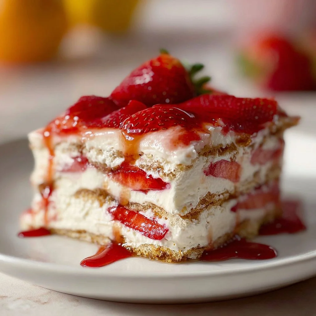 Delicious Strawberry Greek Yogurt Icebox Cake served on a plate with fresh strawberries.