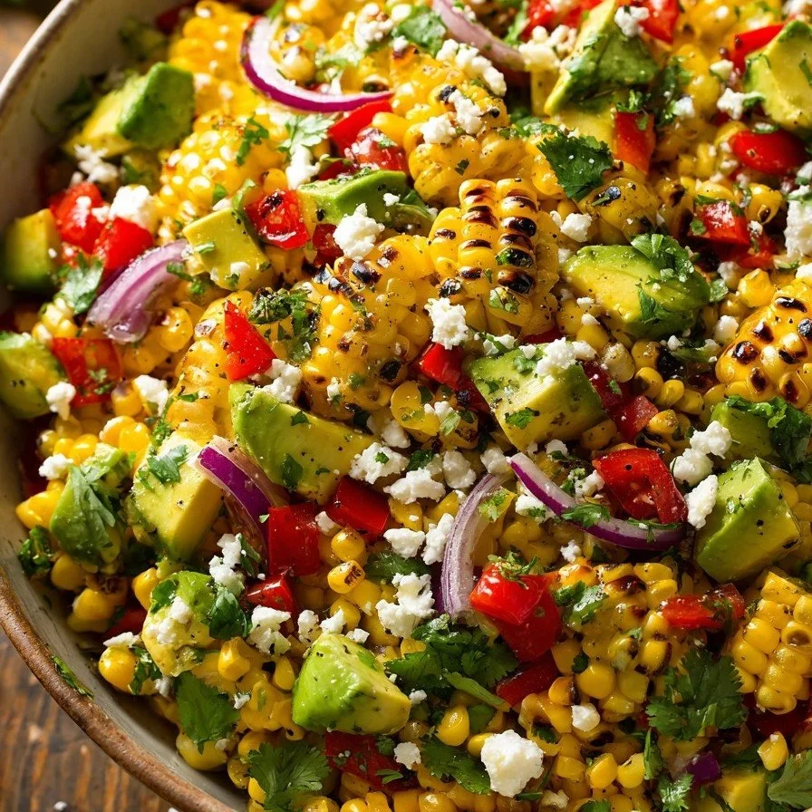 Colorful sweet corn salad with fresh vegetables and herbs