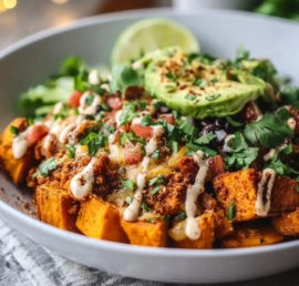 Sweet potato taco bowls topped with fresh ingredients and spices