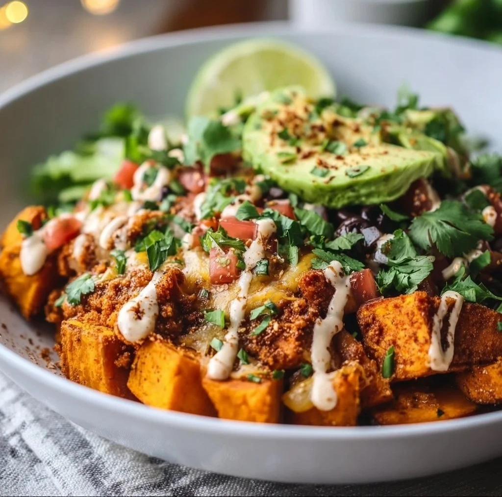 Sweet potato taco bowls topped with fresh ingredients and spices