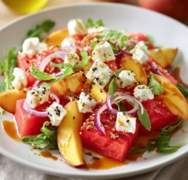 Delicious Watermelon Peach Feta Salad with fresh ingredients and feta cheese