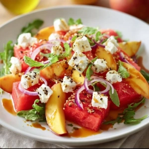 Watermelon Peach Feta Salad: A Refreshing Summer Delight 2 Delicious Watermelon Peach Feta Salad with fresh ingredients and feta cheese