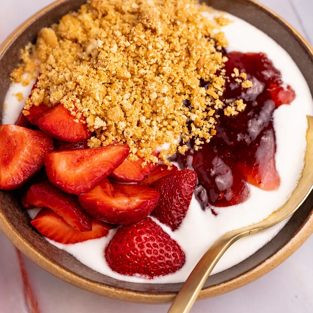 High-protein Strawberry Cheesecake Yogurt Bowl with fresh strawberries and graham crackers.
