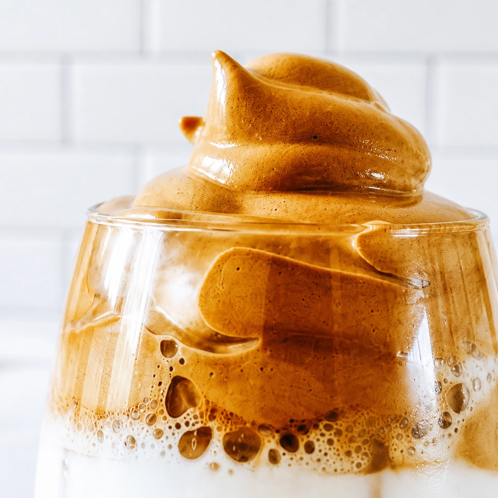 Dalgona coffee with whipped coffee foam and milk