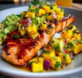 BBQ Salmon Bowls with Mango Avocado Salsa garnished with fresh ingredients