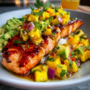 BBQ Salmon Bowls with Mango Avocado Salsa 3 BBQ Salmon Bowls with Mango Avocado Salsa garnished with fresh ingredients