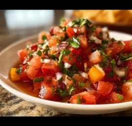 A bowl of fresh Pico de Gallo salsa made with tomatoes, onions, and cilantro