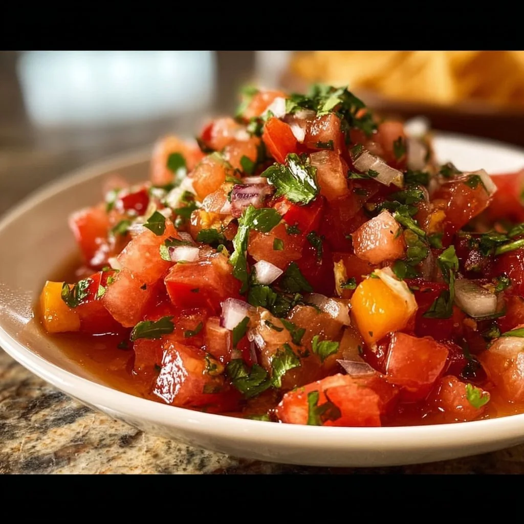 A bowl of fresh Pico de Gallo salsa made with tomatoes, onions, and cilantro
