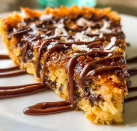 Delicious Samoas cookie pie topped with coconut and chocolate drizzle