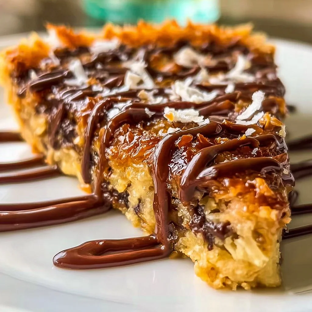 Delicious Samoas cookie pie topped with coconut and chocolate drizzle
