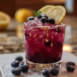 Glass of Blueberry Lemon Fizz cocktail with fresh blueberries and lemon slices