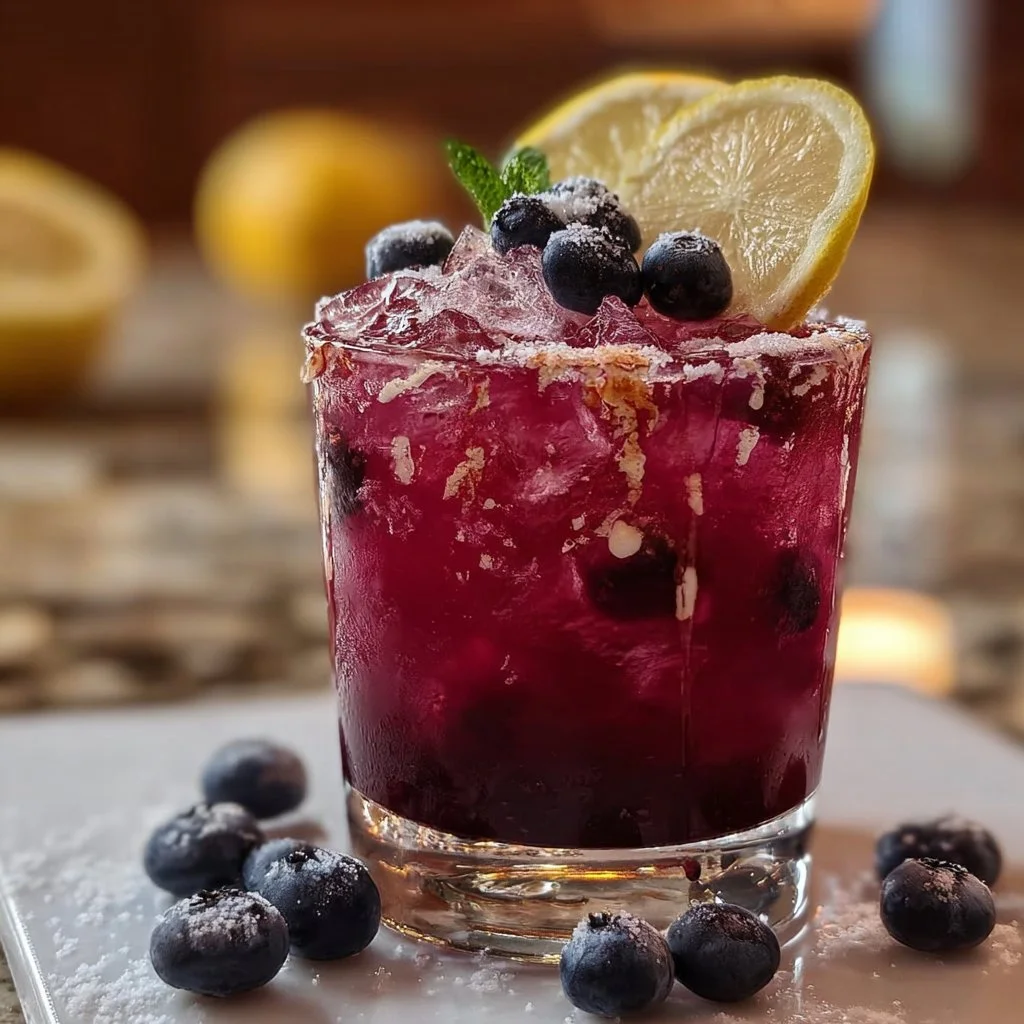 Glass of Blueberry Lemon Fizz cocktail with fresh blueberries and lemon slices