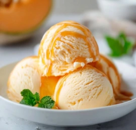 Delicious cantaloupe sea salt ice cream in a bowl garnished with fresh cantaloupe pieces.