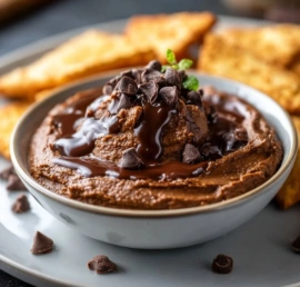 Delicious homemade chocolate hummus served with fresh fruit for dipping.