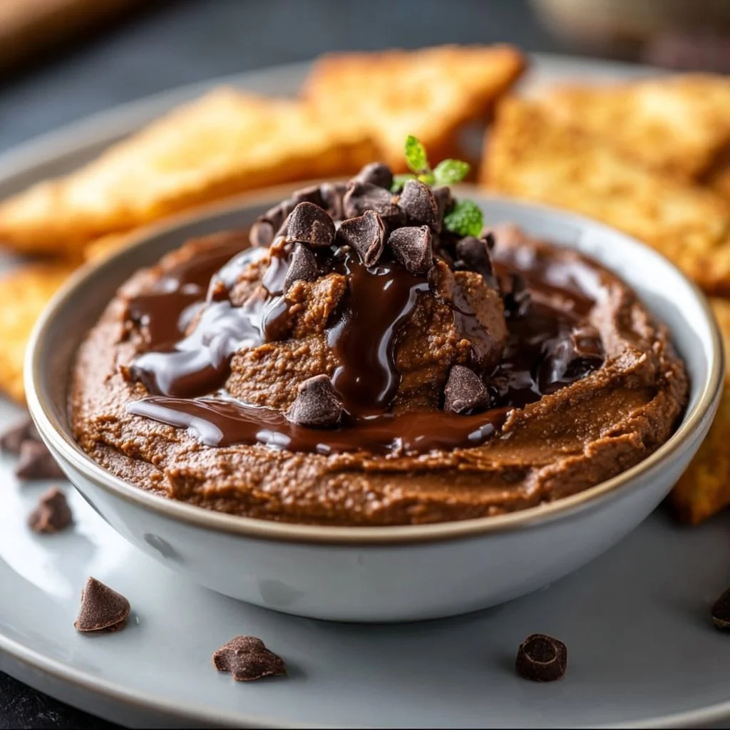 Delicious homemade chocolate hummus served with fresh fruit for dipping.