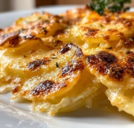 Creamy crockpot scalloped potatoes dish served in a white bowl