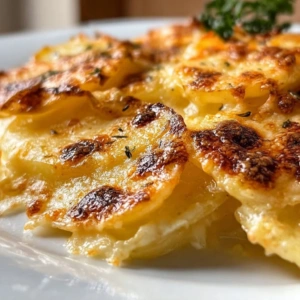 Creamy crockpot scalloped potatoes dish served in a white bowl